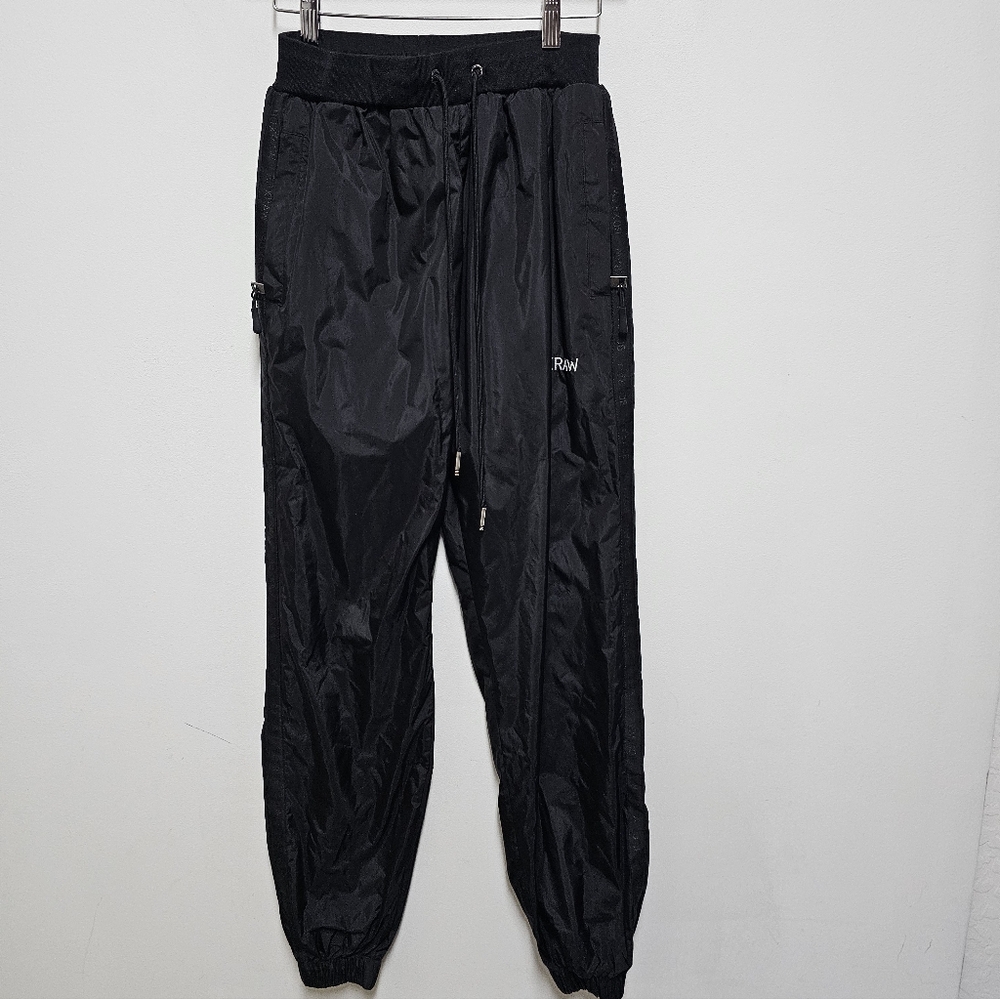 Boxraw Pants Womens Small Black Jogger Drawstring Ankle Cuffs Zip Pockets Logo
